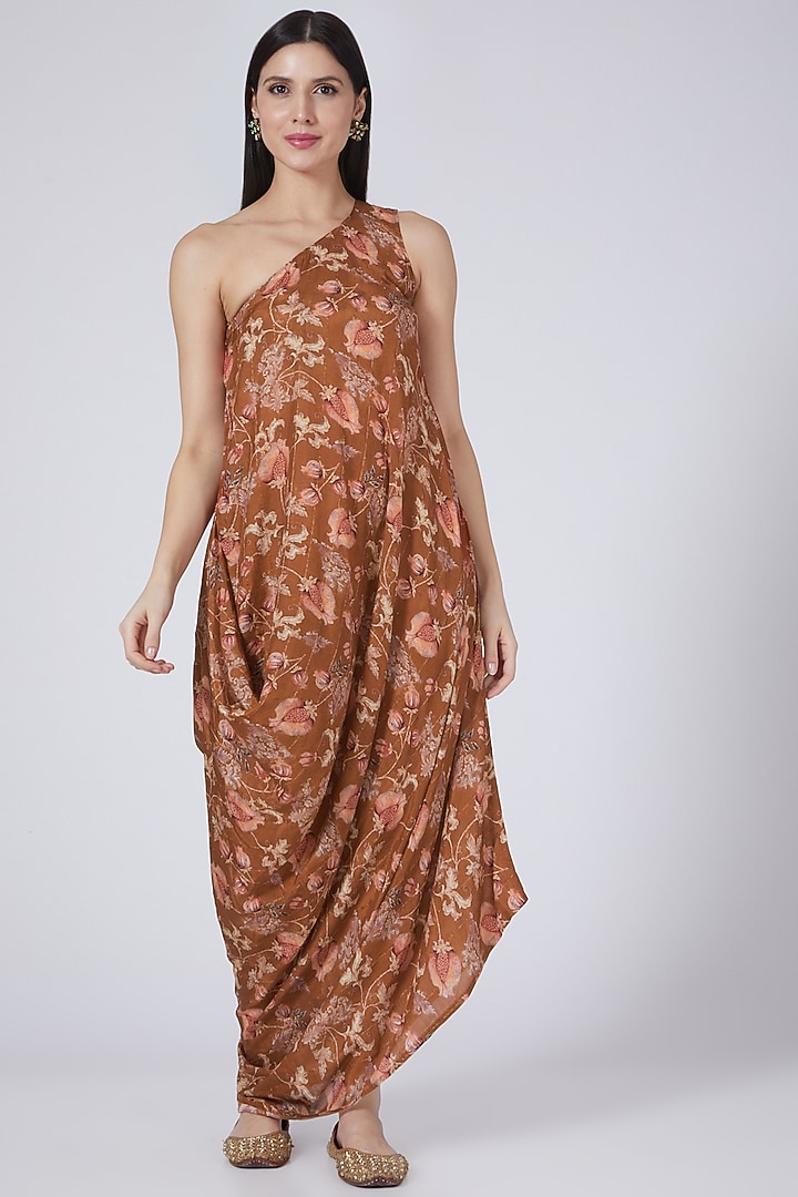 Brown Printed Cowl Vacation Dress With Jacket by 17:17 at Pernia's Pop Up Shop