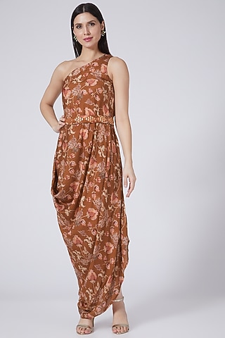 Brown Printed Cowl Dress by 17:17