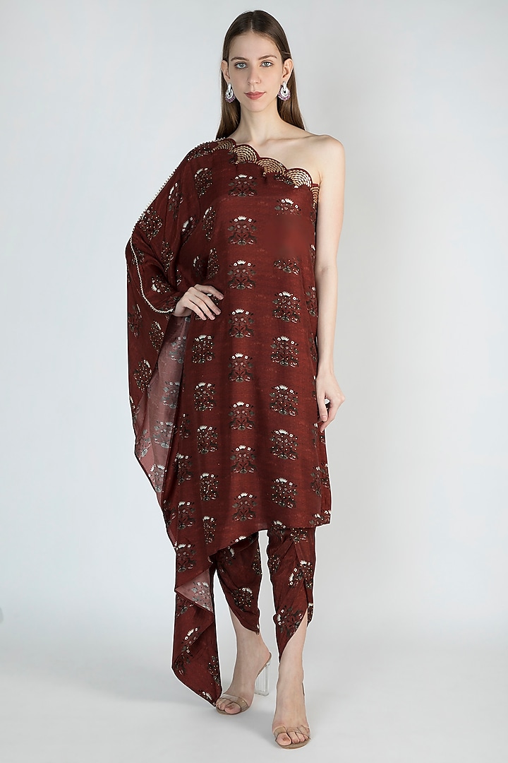 Rust Printed One Shoulder Tunic With Pants by 17:17