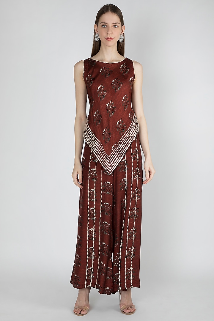 Rust Printed Top With Palazzo Pants by 17:17