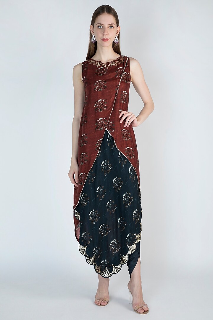 Rust Embroidered Printed Kurta With Falls by 17:17