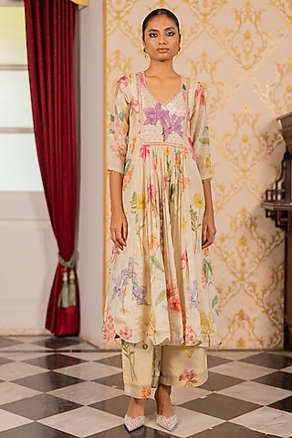 Ivory Organza Shimmer Printed Anarkali Set by 17:17