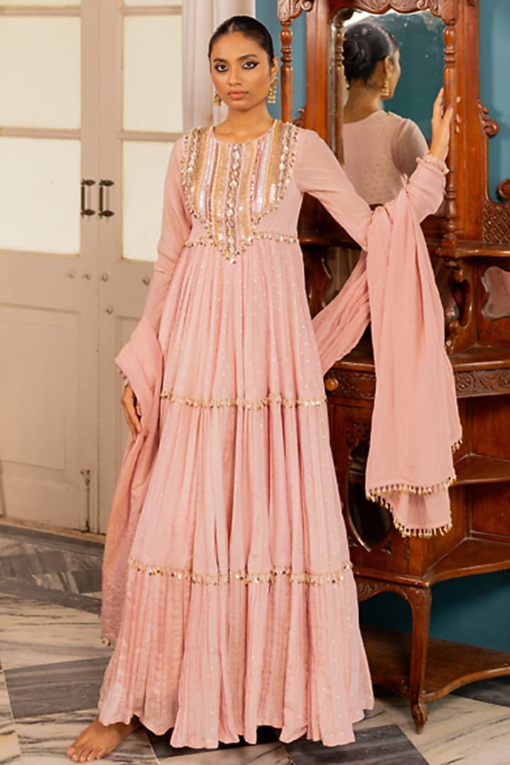 Pink Dotted Shimmer & Crushed Shimmer Party Wear Anarkali Set by 17:17 at Pernia's Pop Up Shop