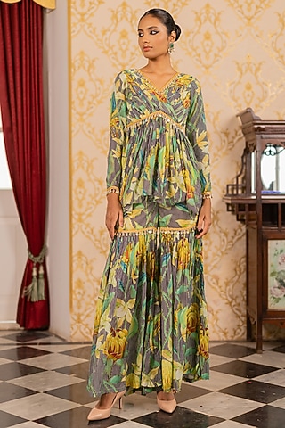 Yellow Cotton Silk Floral Printed Kurta Set by 17:17