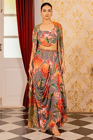 Pink Shimmer Organza & Cotton Silk Floral Printed Cape Set by 17:17