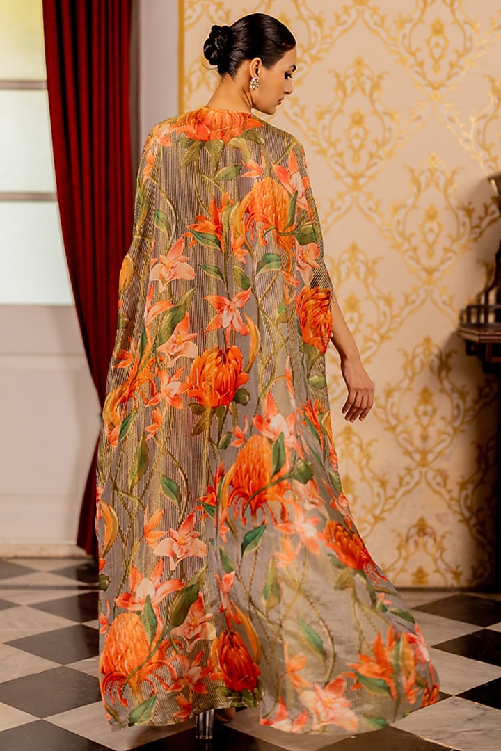 Pink Shimmer Organza & Cotton Silk Floral Printed Cape Set by 17:17 at Pernia's Pop Up Shop