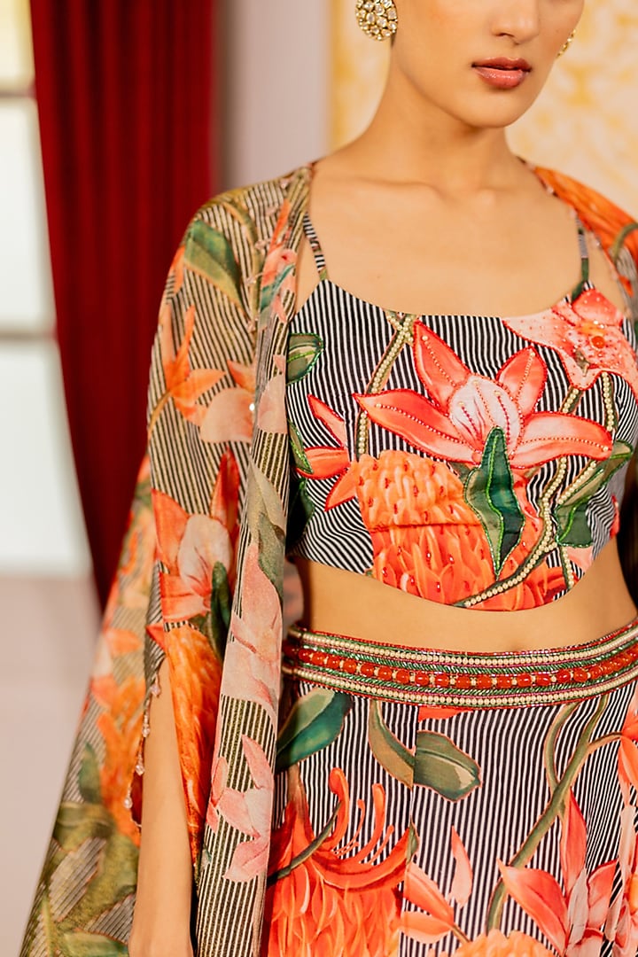 Pink Shimmer Organza & Cotton Silk Floral Printed Cape Set by 17:17 at Pernia's Pop Up Shop