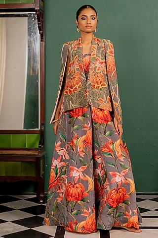 Pink Shimmer Organza & Cotton Silk Floral Printed Jumpsuit With Jacket by 17:17