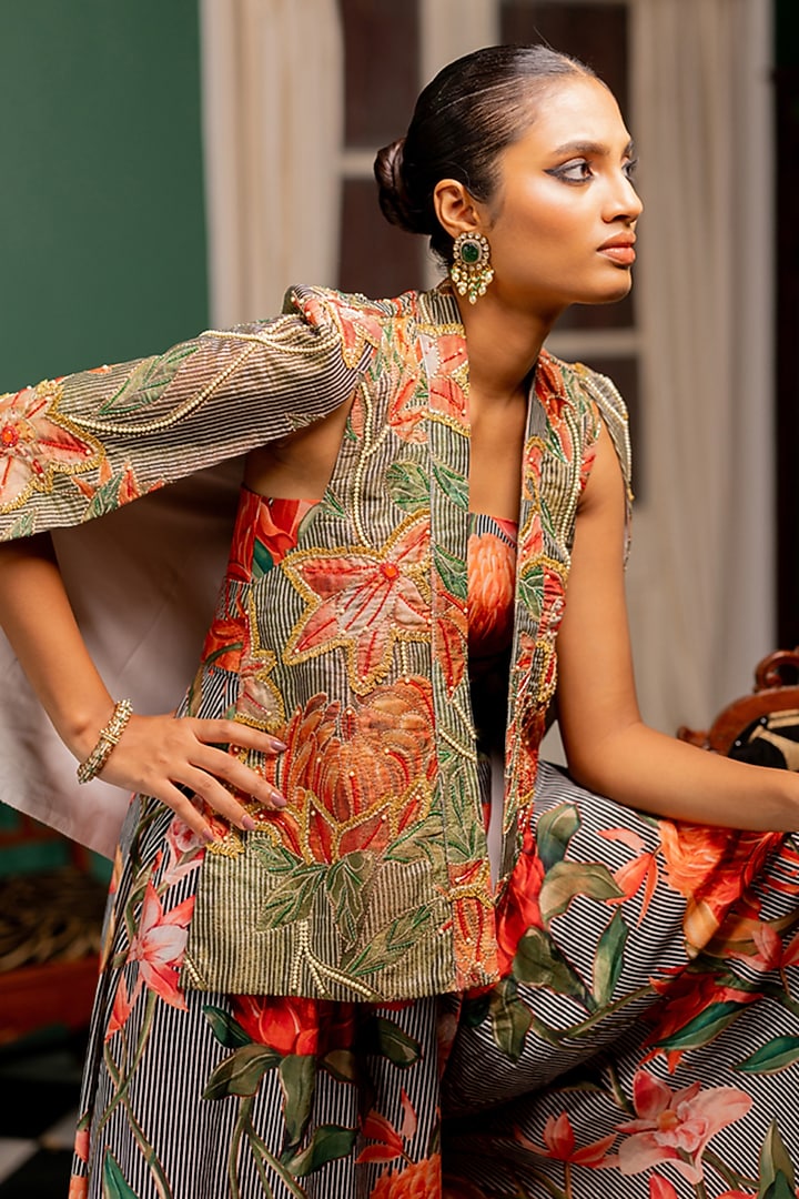 Pink Shimmer Organza & Cotton Silk Floral Printed Jumpsuit With Jacket by 17:17 at Pernia's Pop Up Shop