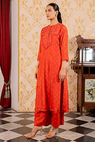 Red Cotton Silk Geometric Printed Kurta Set by 17:17