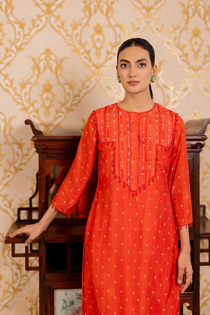 Red Cotton Silk Geometric Printed Kurta Set by 17:17 at Pernia's Pop Up Shop