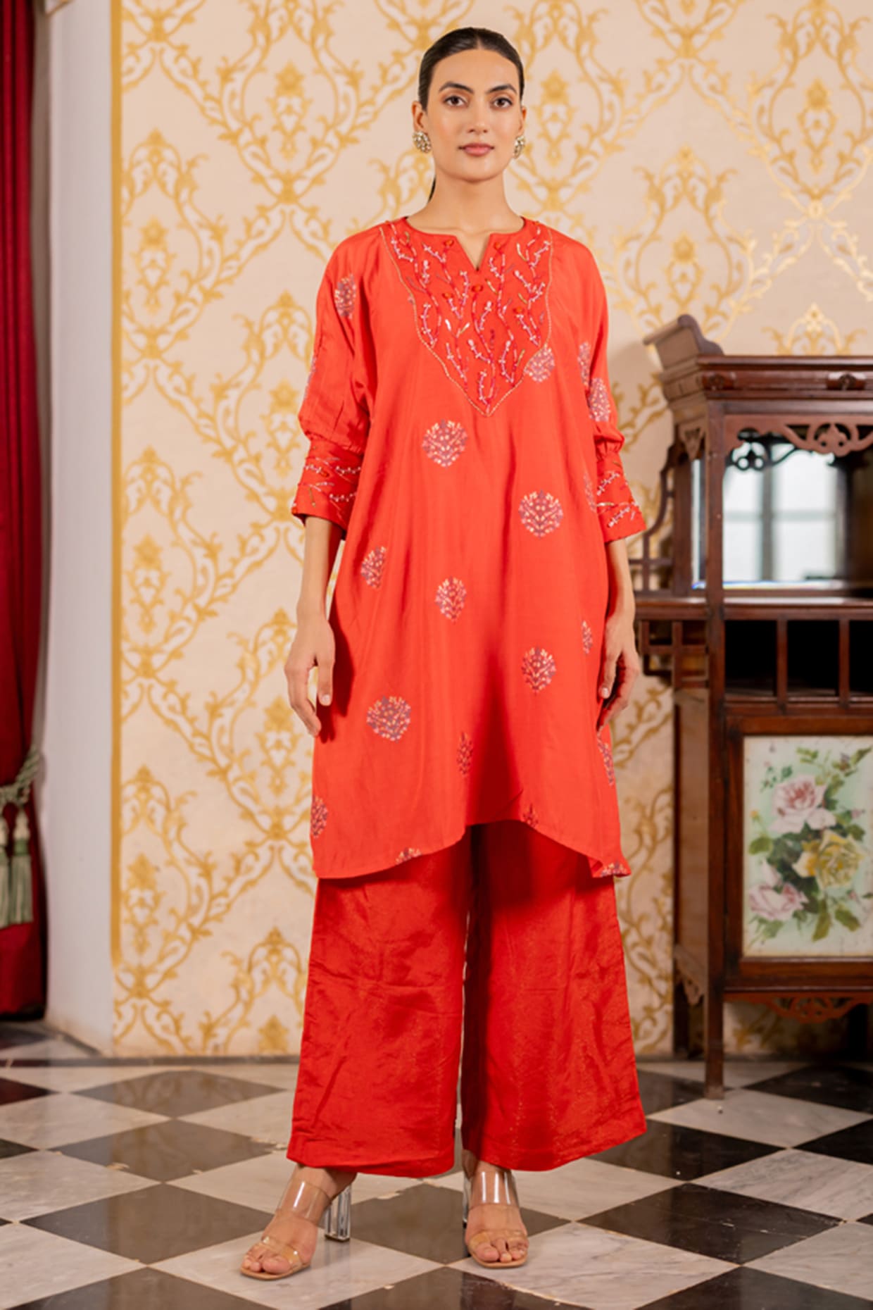 17:17 Red Solid Shimmer Printed A-Line Kurta Set