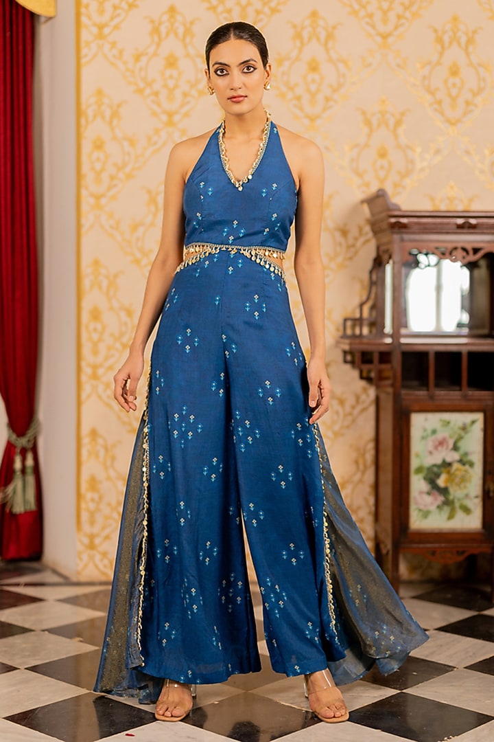 Blue Cotton Silk & Shimmer Organza Geometric Printed Jumpsuit by 17:17 at Pernia's Pop Up Shop