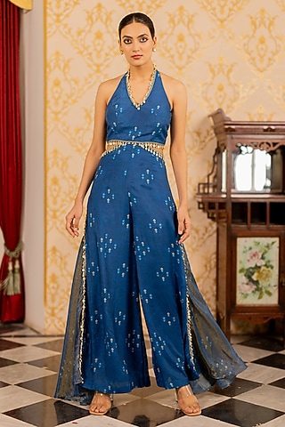 Blue Cotton Silk & Shimmer Organza Geometric Printed Jumpsuit by 17:17