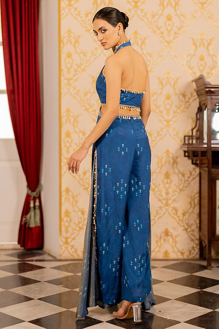 Blue Cotton Silk & Shimmer Organza Geometric Printed Jumpsuit by 17:17 at Pernia's Pop Up Shop