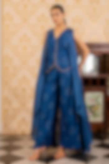 Blue Cotton Silk Geometric Printed Cape Set by 17:17 at Pernia's Pop Up Shop