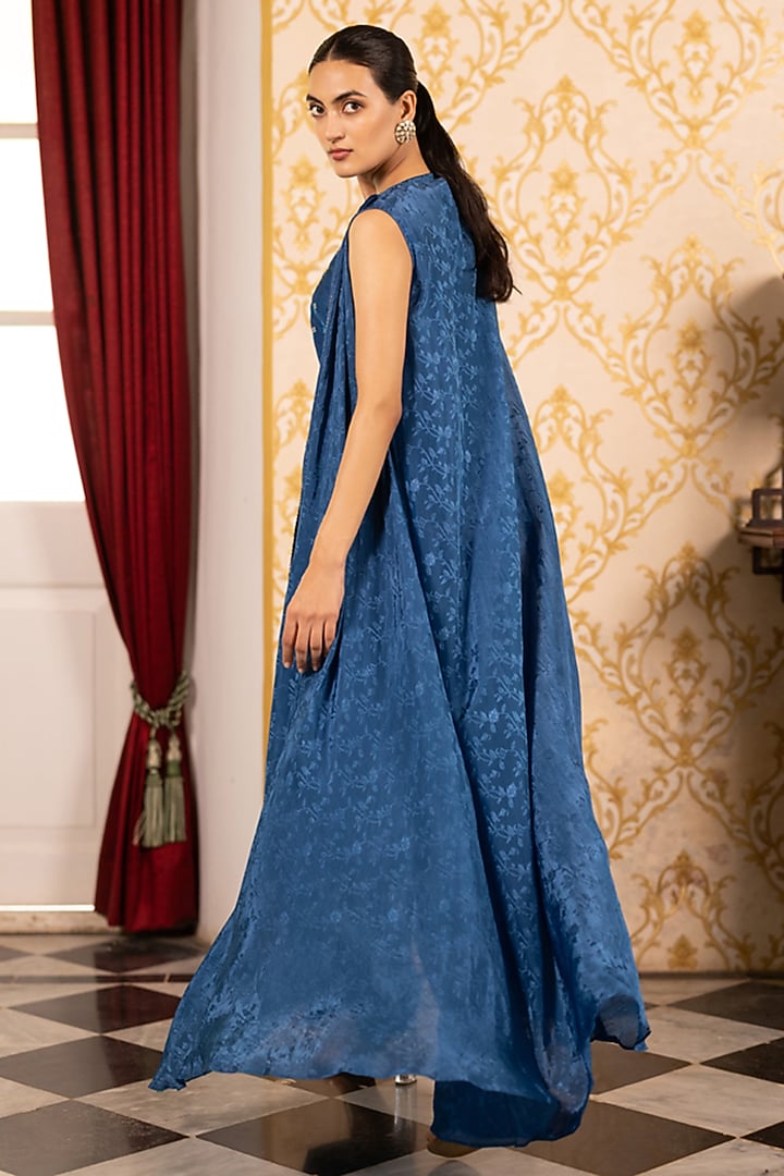 Blue Cotton Silk Geometric Printed Cape Set by 17:17 at Pernia's Pop Up Shop