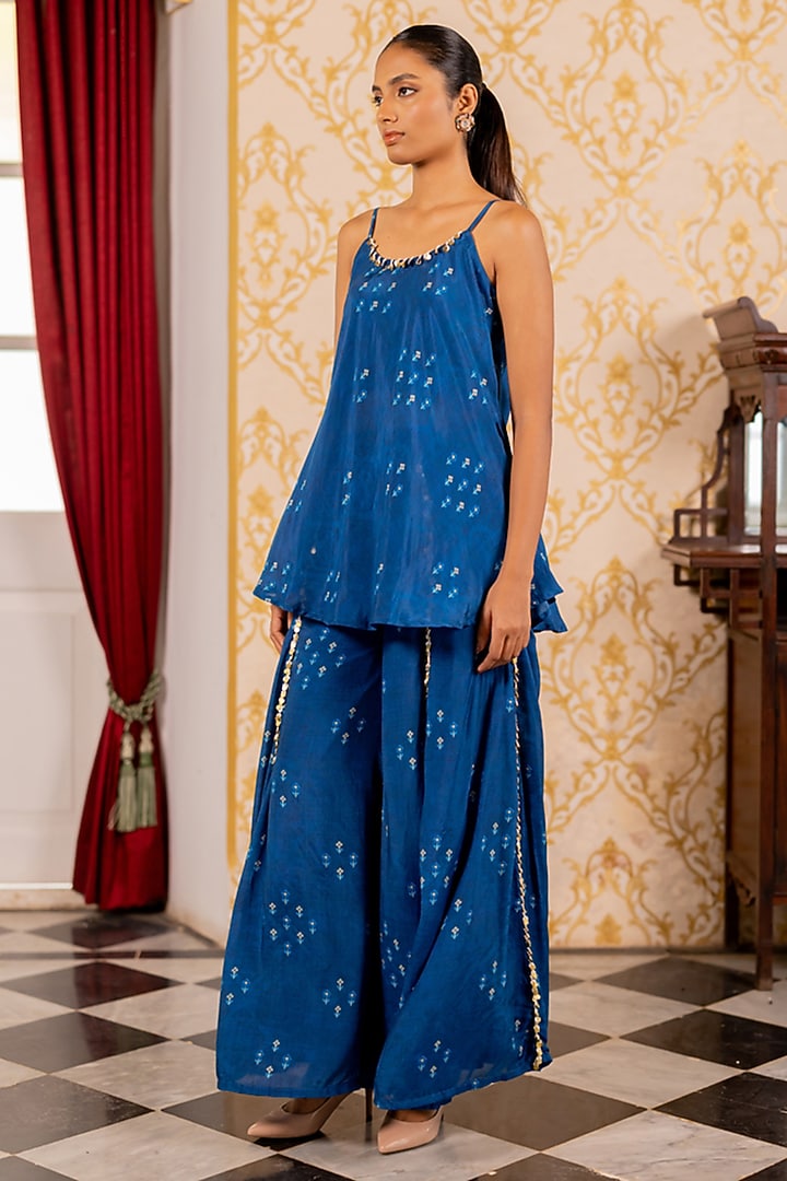 Blue Cotton Silk Printed Gharara Set by 17:17 at Pernia's Pop Up Shop