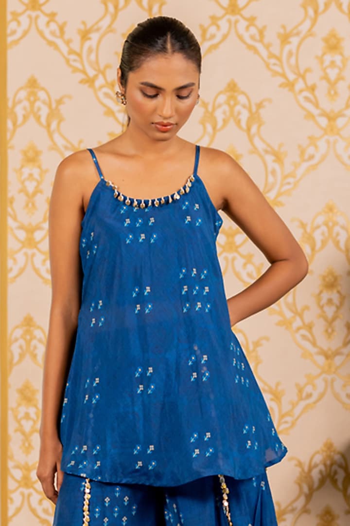 Blue Cotton Silk Printed Gharara Set by 17:17 at Pernia's Pop Up Shop
