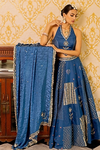 Blue Shimmer Organza & Crushed Shimmer Printed Lehenga Set by 17:17