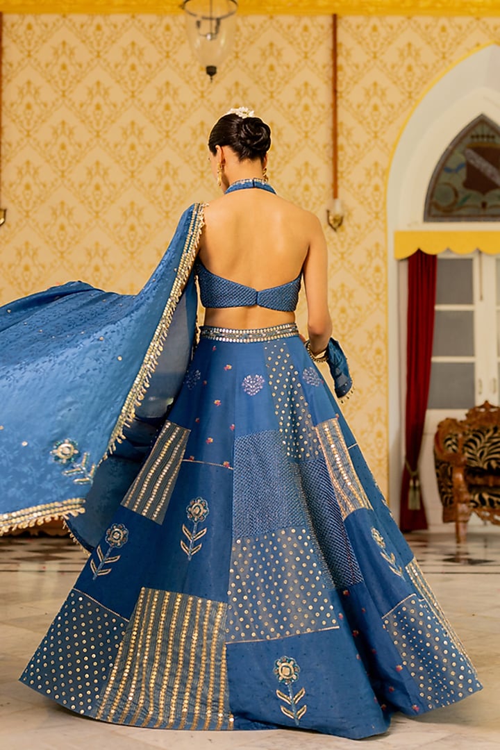 Blue Shimmer Organza & Crushed Shimmer Printed Wedding Lehenga Set by 17:17 at Pernia's Pop Up Shop