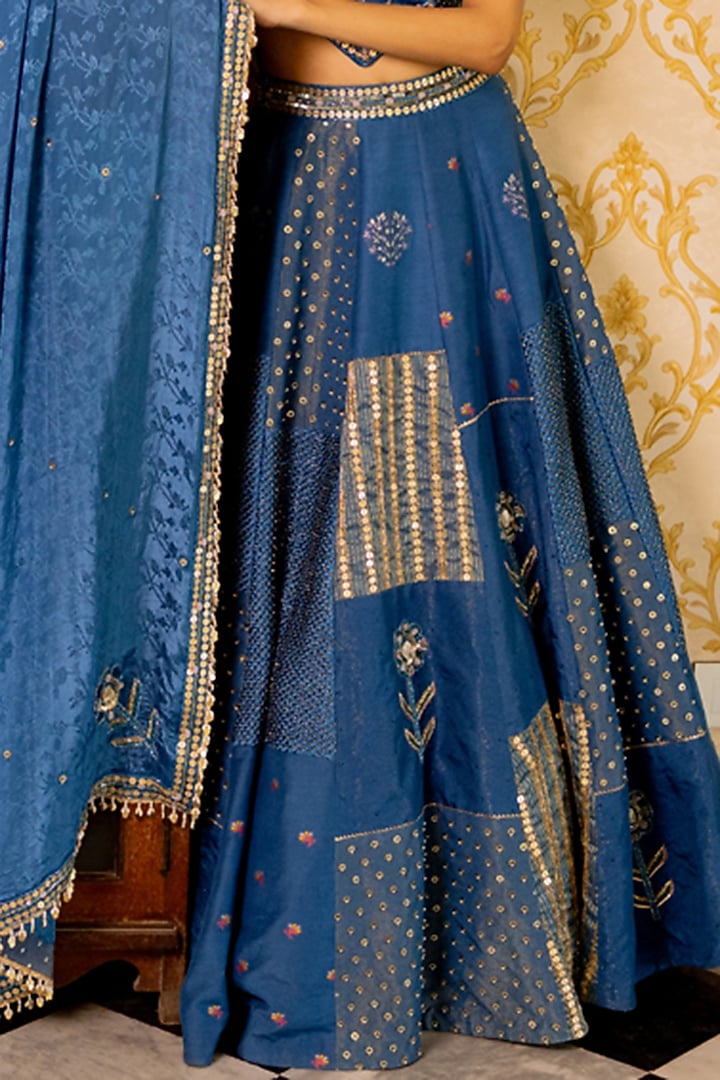 Blue Shimmer Organza & Crushed Shimmer Printed Wedding Lehenga Set by 17:17 at Pernia's Pop Up Shop