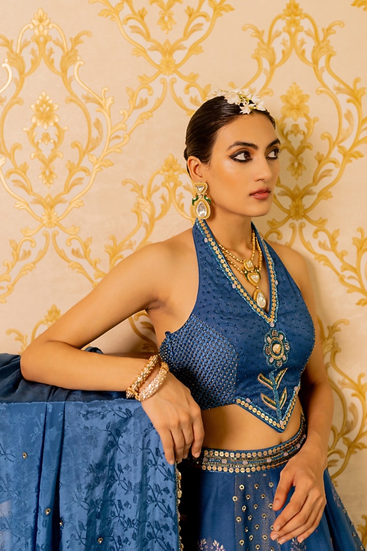 Blue Shimmer Organza & Crushed Shimmer Printed Wedding Lehenga Set by 17:17 at Pernia's Pop Up Shop
