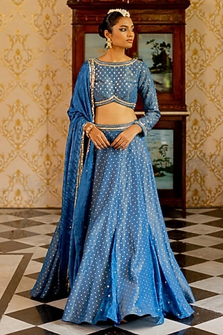 Blue Dotted Shimmer Geometric Printed Lehenga Set by 17:17