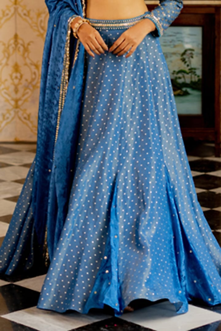 Blue Dotted Shimmer Geometric Printed Wedding Lehenga Set by 17:17 at Pernia's Pop Up Shop