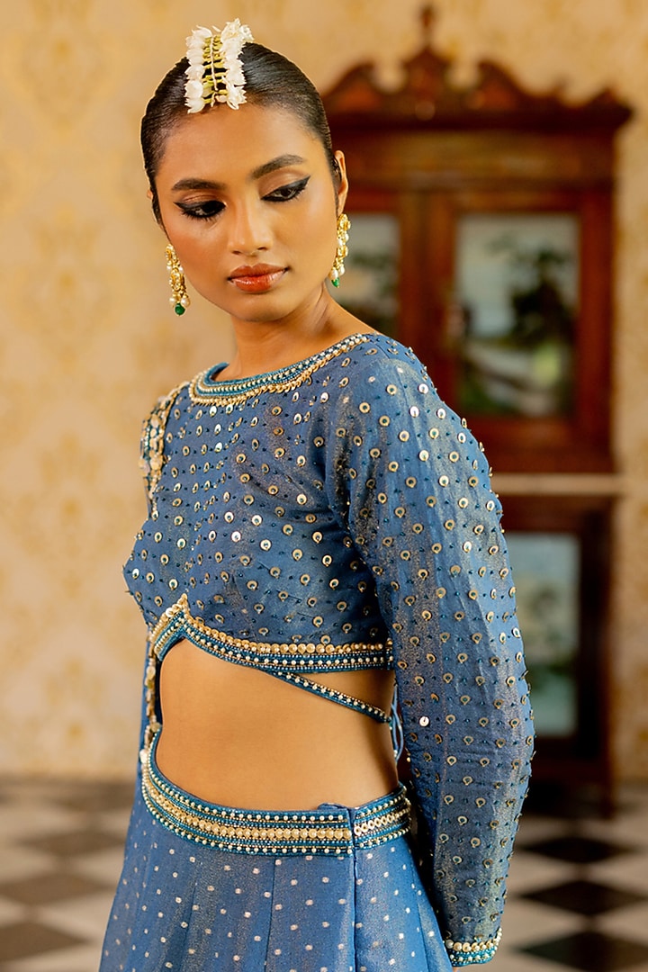 Blue Dotted Shimmer Geometric Printed Wedding Lehenga Set by 17:17 at Pernia's Pop Up Shop