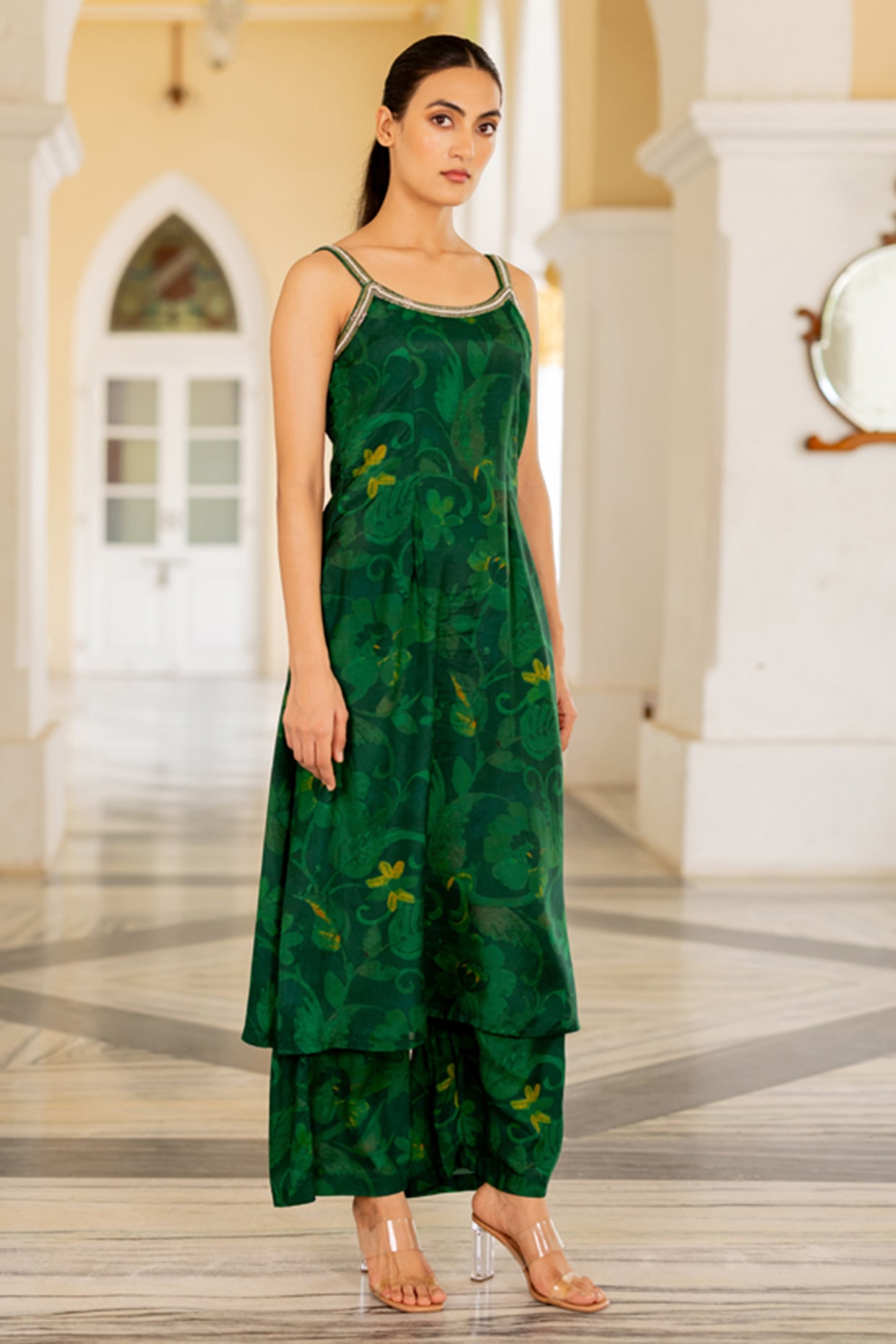 17:17 Green Cotton Silk Floral Printed A-Line Kurta Set