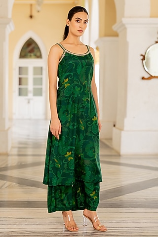 Green Cotton Silk Floral Printed A-Line Kurta Set by 17:17