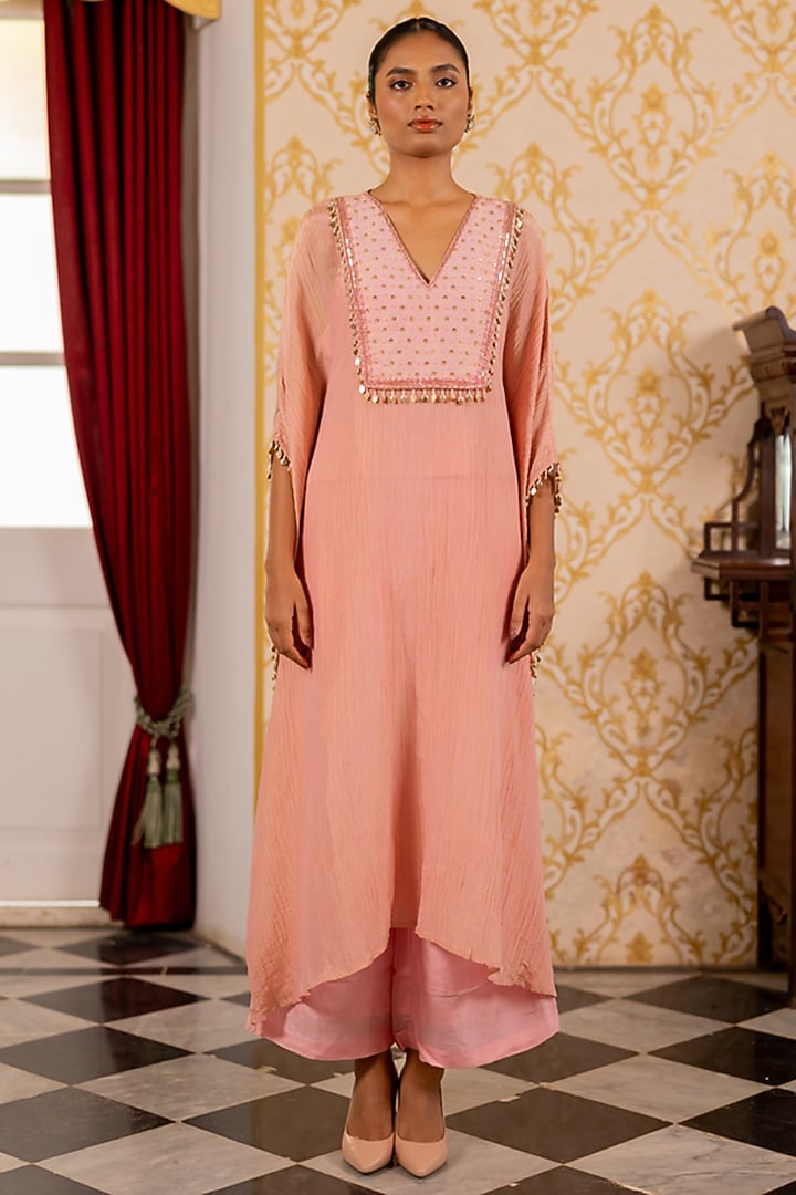 Pink Crushed Shimmer Bib Kaftan Set by 17:17 at Pernia's Pop Up Shop
