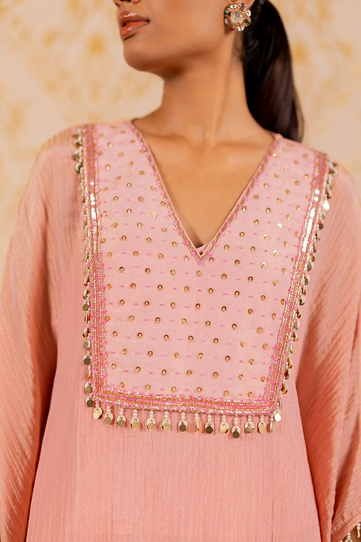 Pink Crushed Shimmer Bib Kaftan Set by 17:17 at Pernia's Pop Up Shop