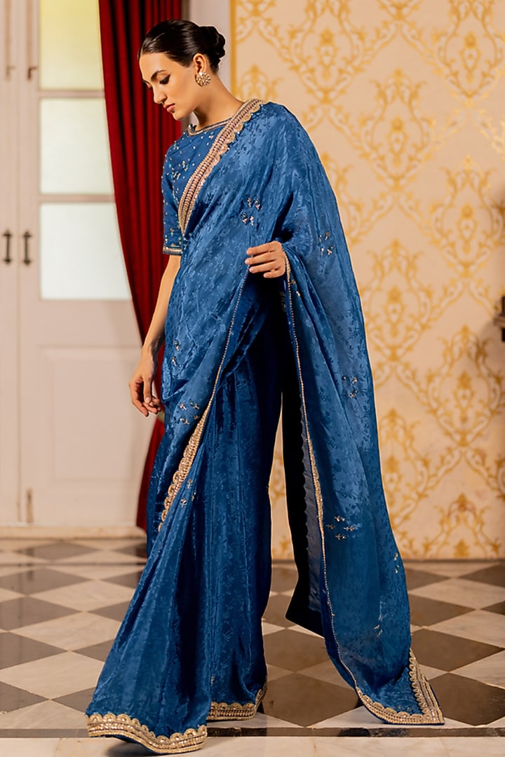 Blue Cotton Silk Wedding Saree Set by 17:17 at Pernia's Pop Up Shop
