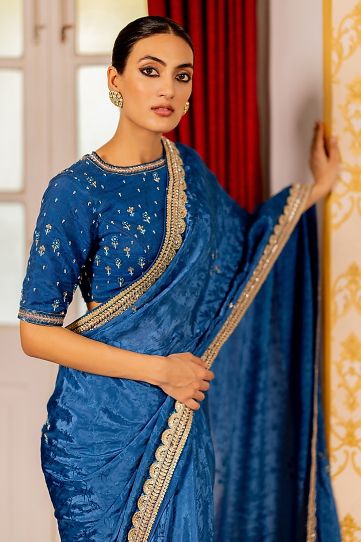 Blue Cotton Silk Wedding Saree Set by 17:17 at Pernia's Pop Up Shop