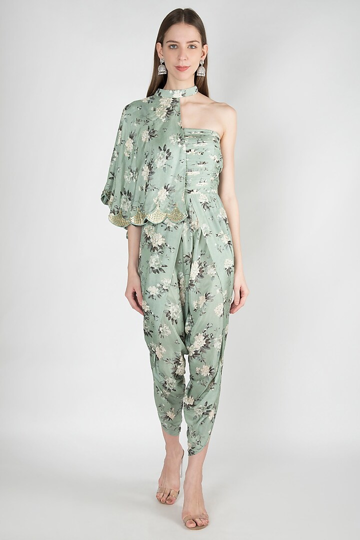 Pastel Green Tulip Jumpsuit With Embroidered Half Cape by 17:17