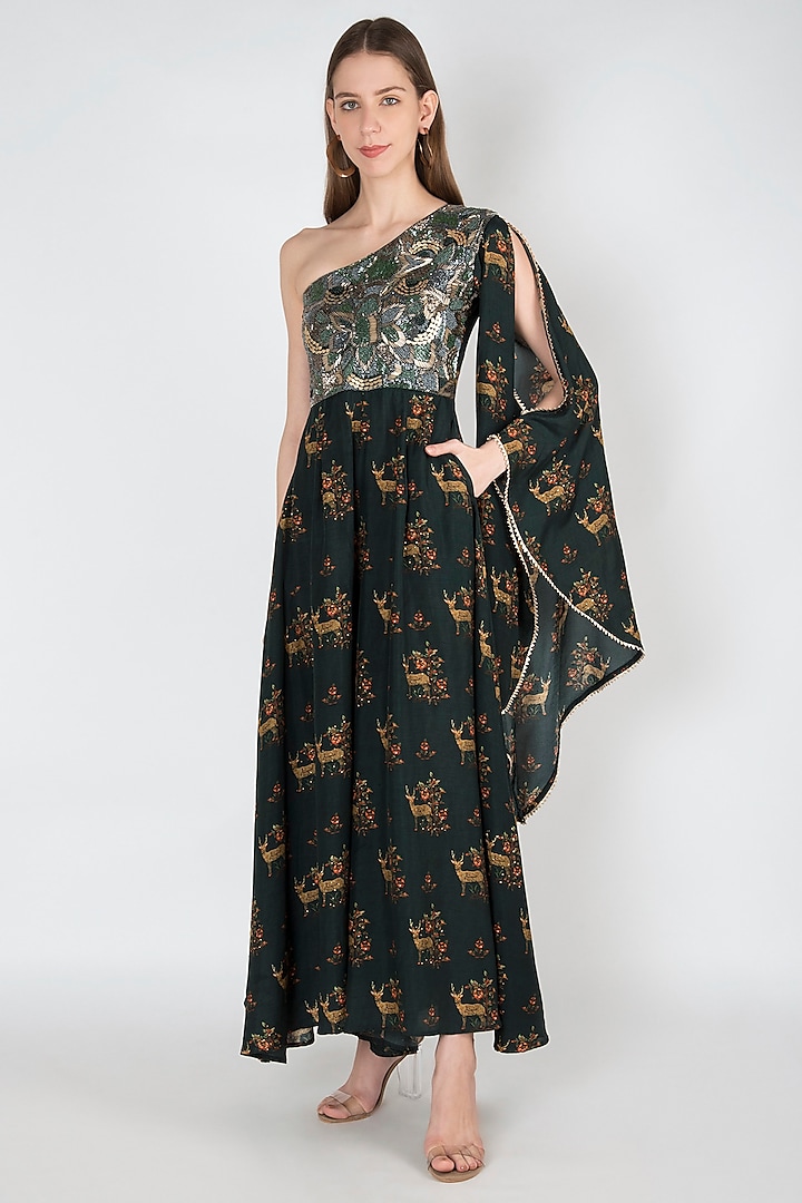 Dark Green Printed & Embroidered Jumpsuit by 17:17