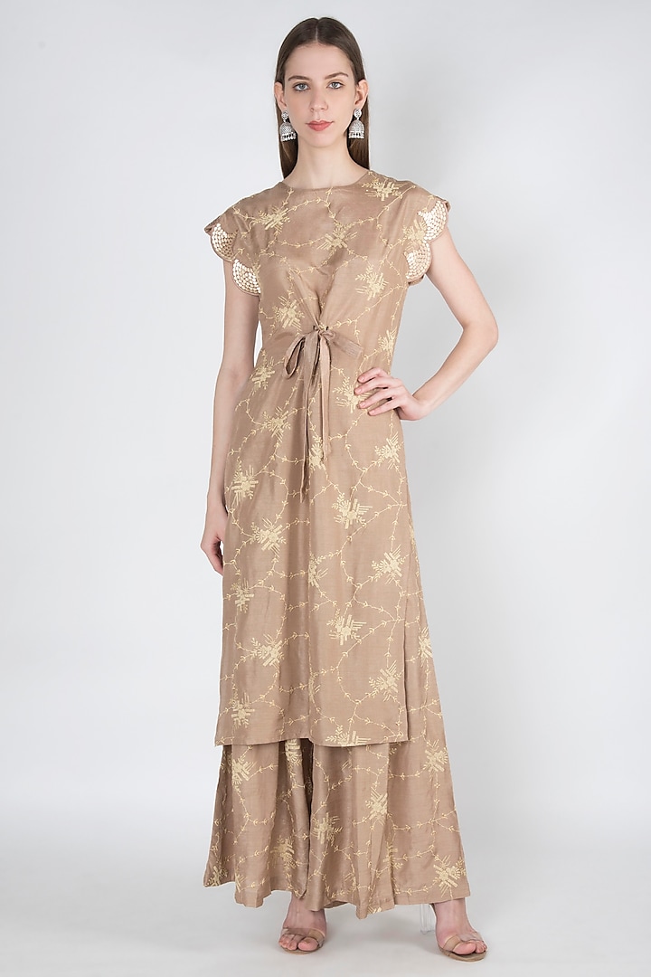 Rose Gold Printed & Embroidered Kurta With Pants by 17:17