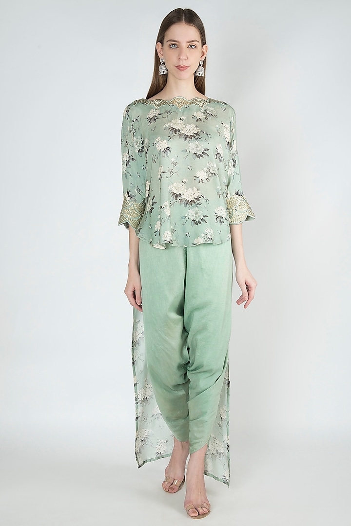 Pastel Green Printed Cape Top With Tulip Pants by 17:17