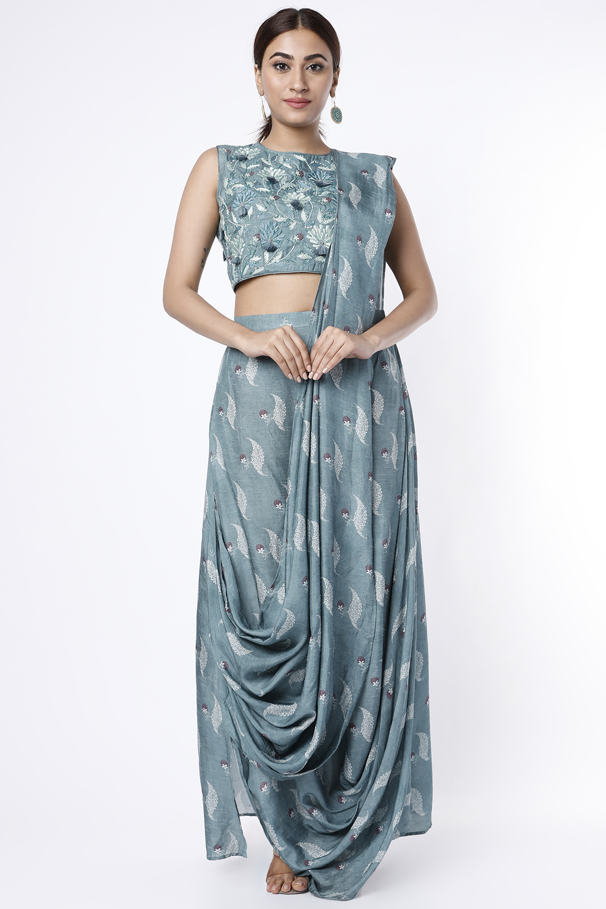 Coastal Blue Printed Cowl Draped Wedding Saree Set by 17:17 at Pernia's Pop Up Shop