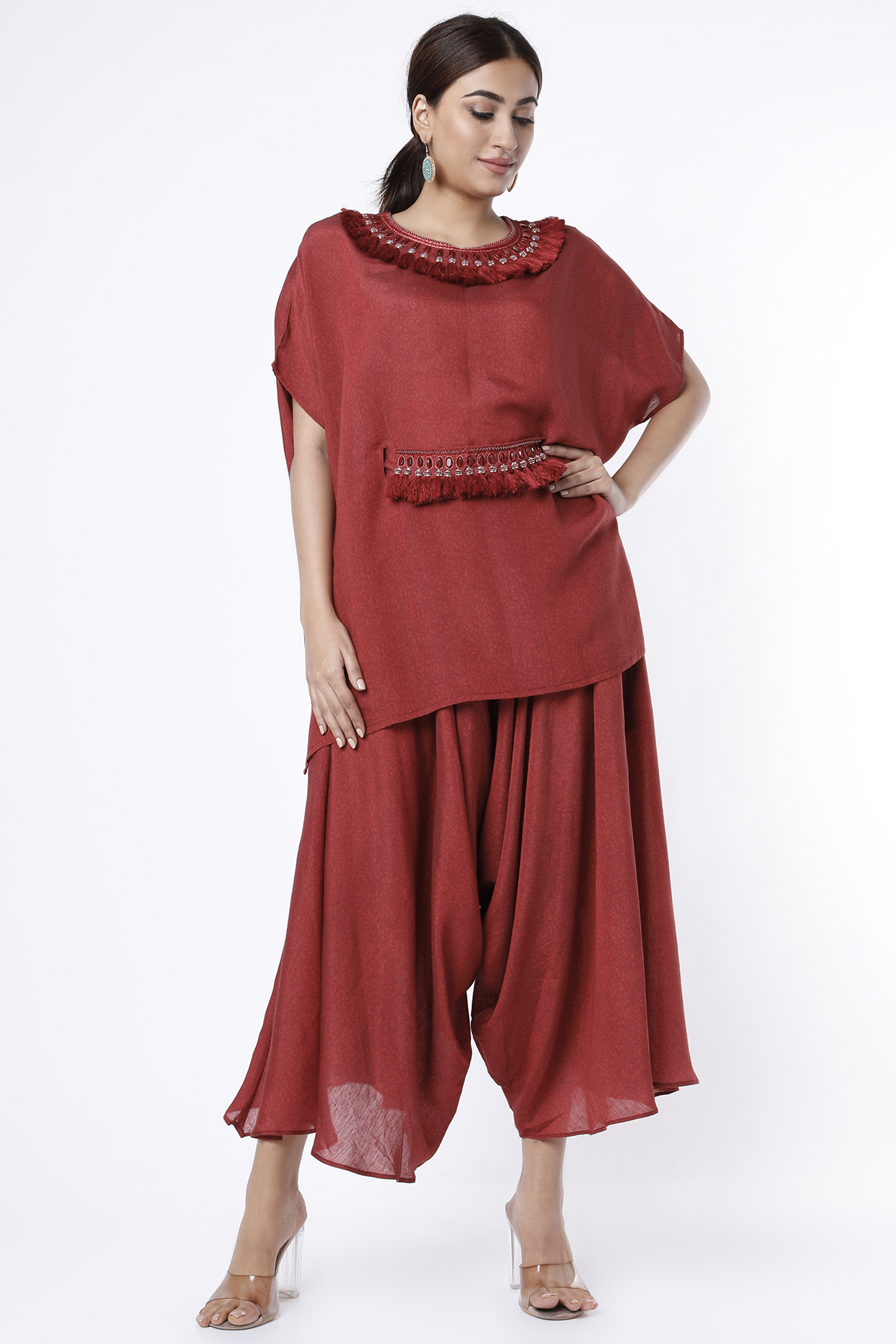 Rust Red Aari Embroidered Pant Set by 17:17 at Pernia's Pop Up Shop