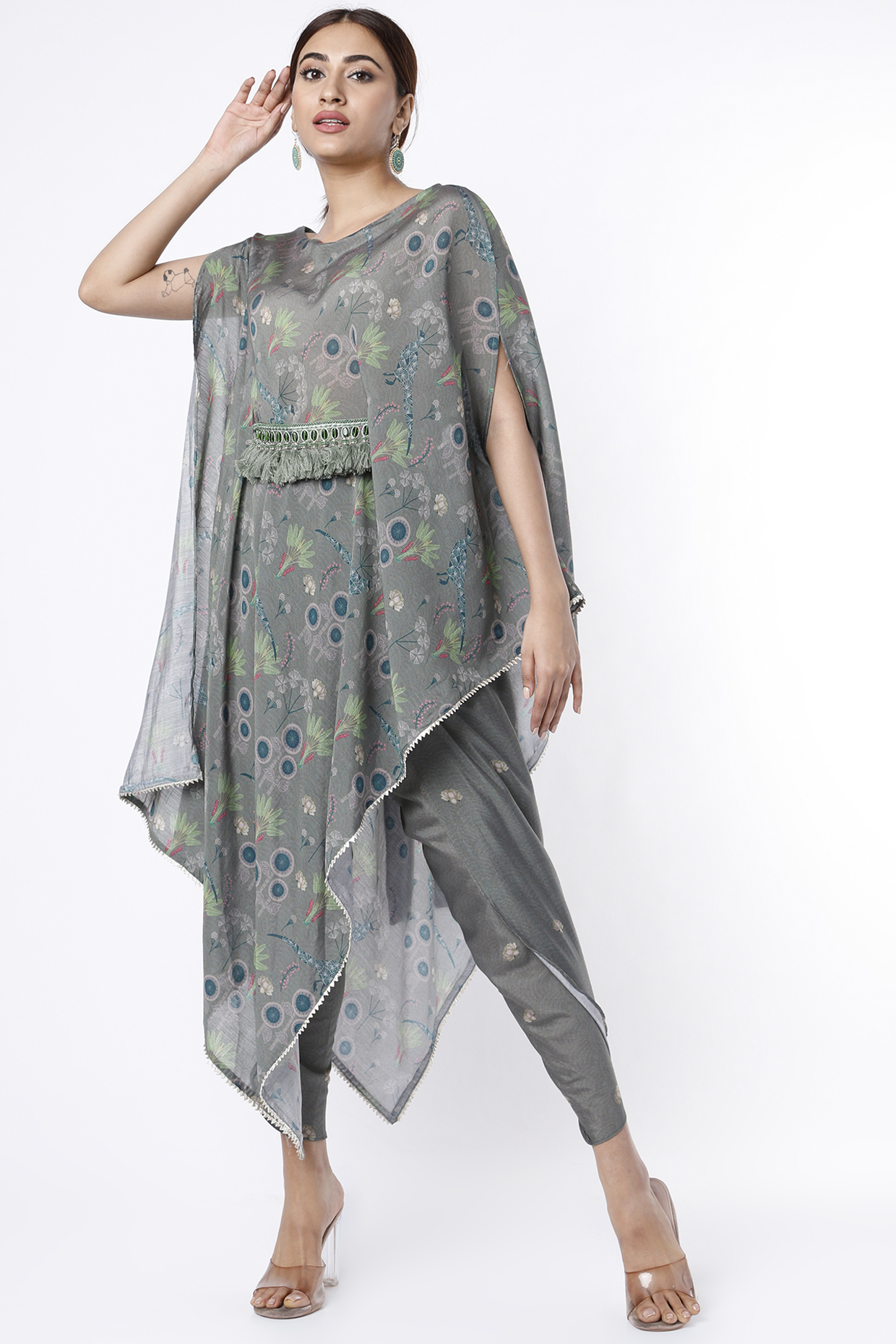 Grey Asymmetrical Embroidered Kurta Set by 17:17