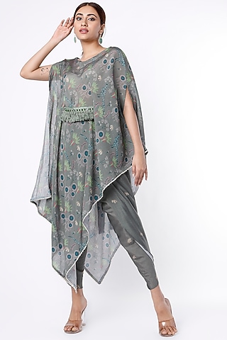 Grey Asymmetrical Embroidered Kurta Set by 17:17