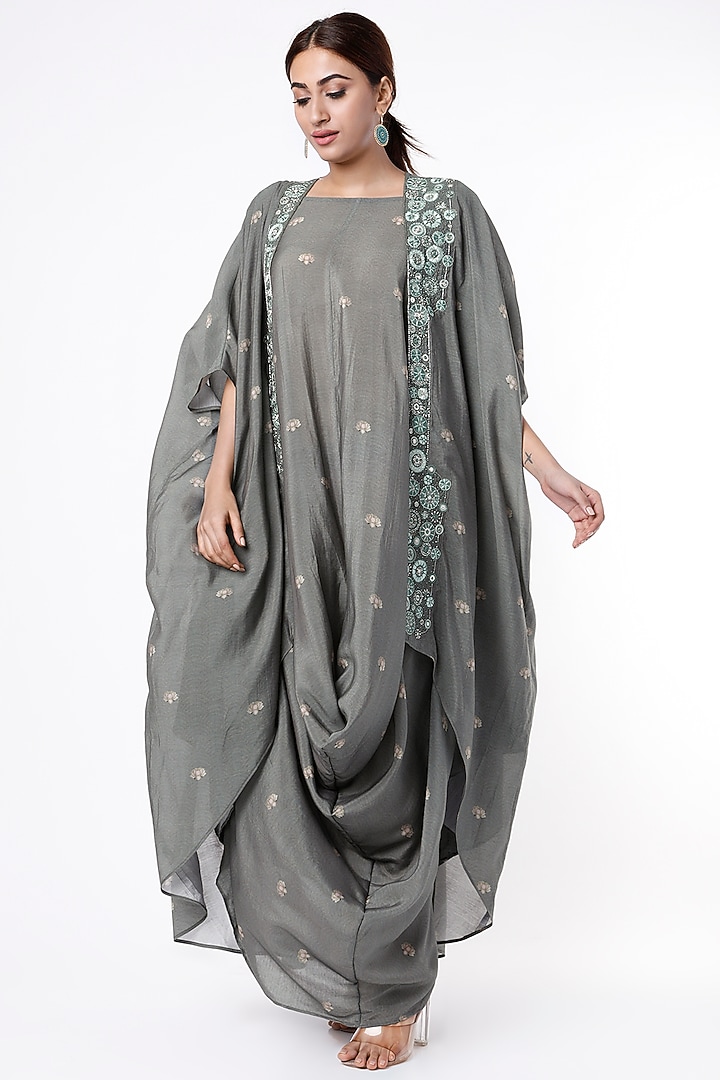 Grey Printed Cowl Vacation Dress With Cardigan by 17:17 at Pernia's Pop Up Shop