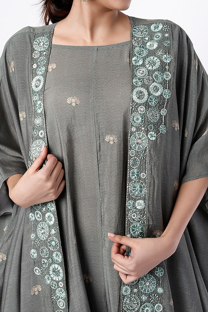 Grey Printed Cowl Vacation Dress With Cardigan by 17:17 at Pernia's Pop Up Shop