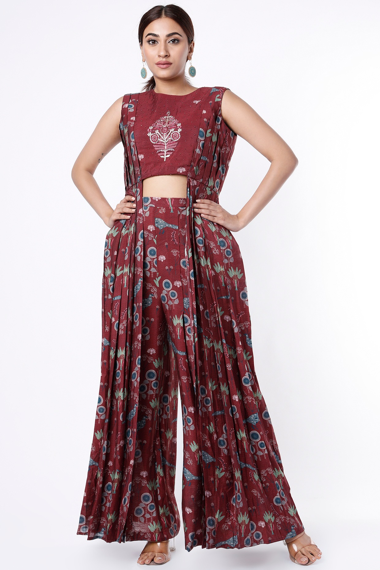 Maroon Printed Palazzo Pant Set Design 