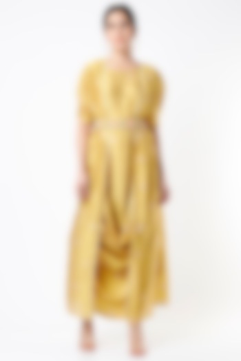 Mustard Bandhani Gown With Cardigan by 17:17