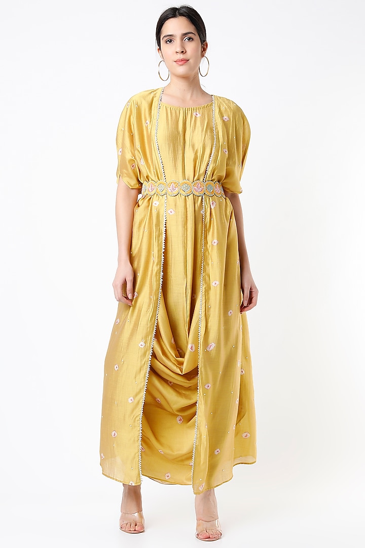 Mustard Bandhani Gown With Cardigan by 17:17