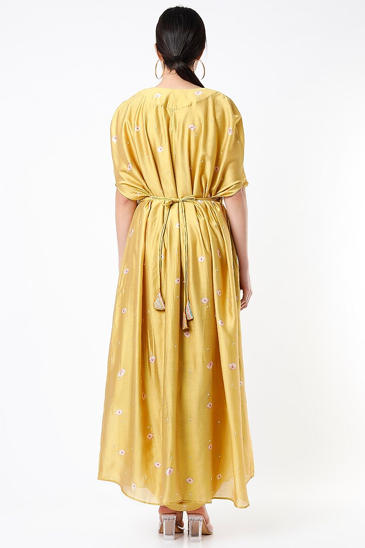 Mustard Bandhani Party Wear Gown With Cardigan by 17:17 at Pernia's Pop Up Shop